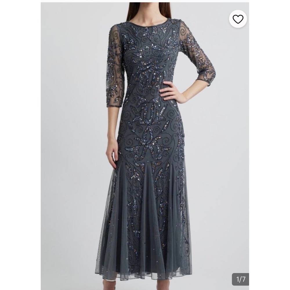 Pisarro Nights Gray Beaded Sequin Gown 3/4 Sleeve Formal Maxi Dress - Picture 1 of 14